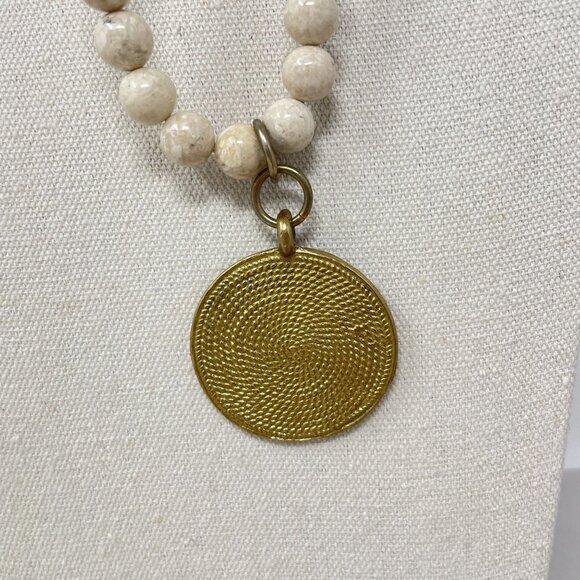 White Jasper Stone Bead Pendant Necklace Gold-Tone Geometric Medallion - Picture 5 of 14